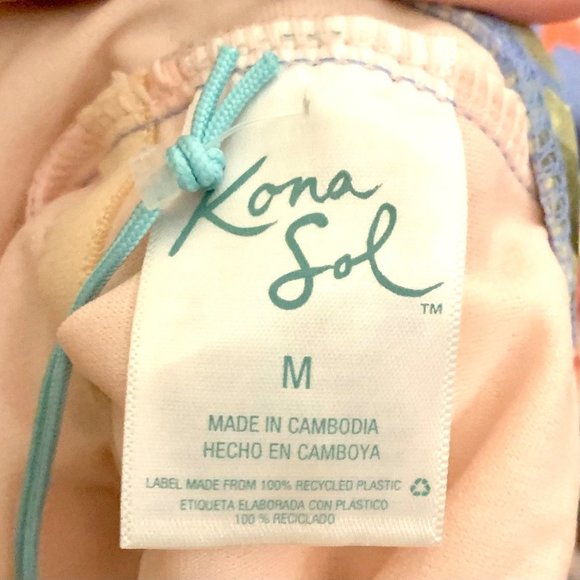 Kona Sol One Piece Blue Tropical Print Ruffle Neck High Coverage Swim Suit S M - Picture 9 of 10